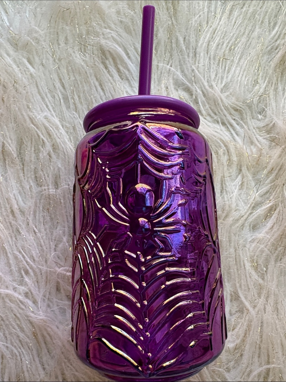 Halloween Spiderweb & Pumpkin Glass Jar Tumbler - Orange, Purple, Green - Picture 3 of 5
